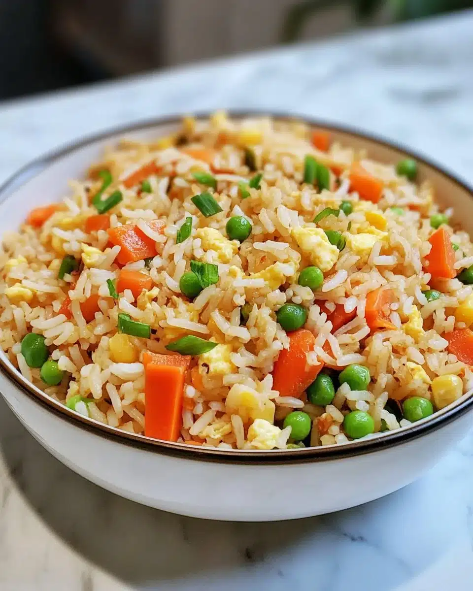 Delicious plate of quick and easy fried rice garnished with vegetables