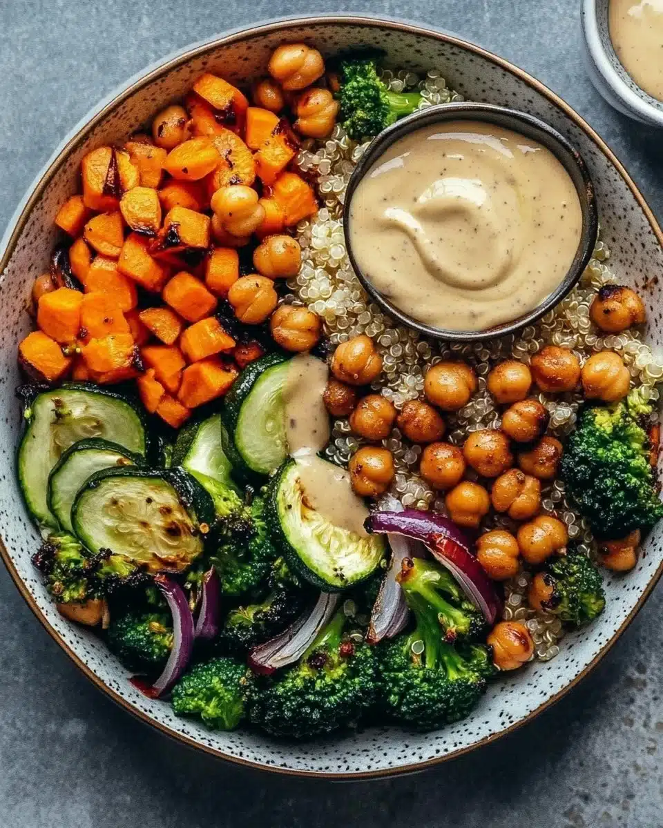 Roasted Veggie Chickpea Bowls with Maple Dijon Tahini Dressing