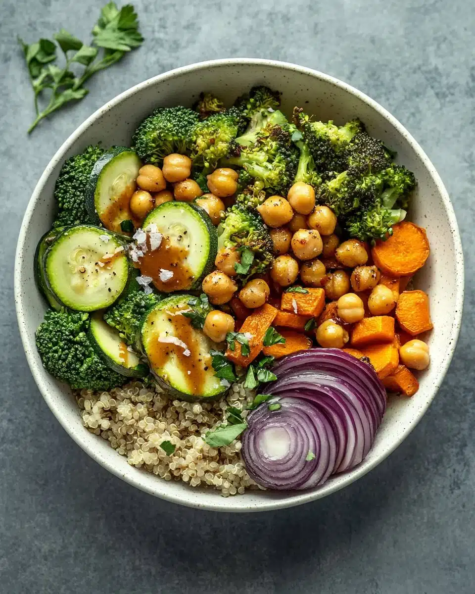 Roasted Veggie Chickpea Bowls with Maple Dijon Tahini Dressing