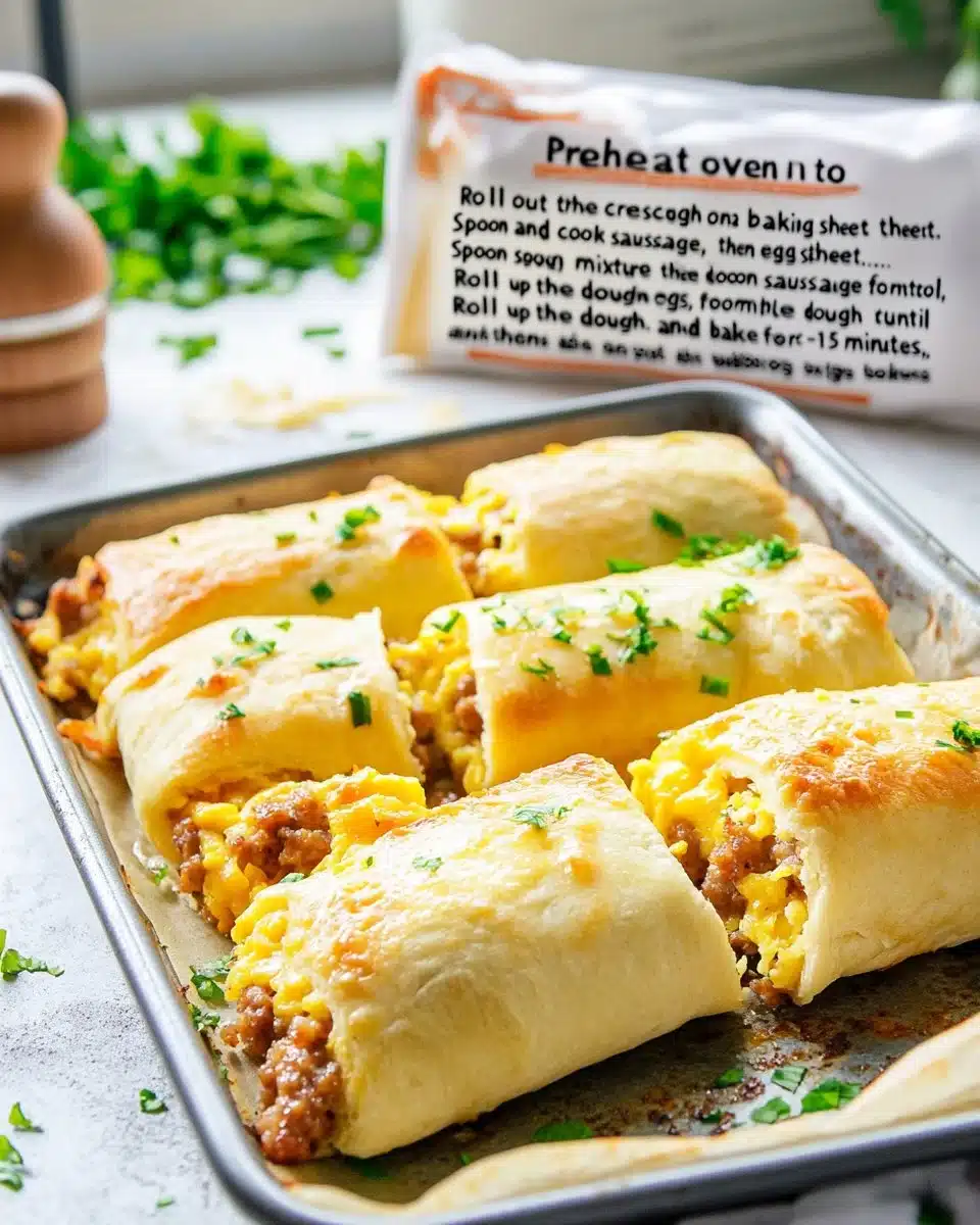 Sausage egg breakfast roll-ups served on a plate with fresh herbs
