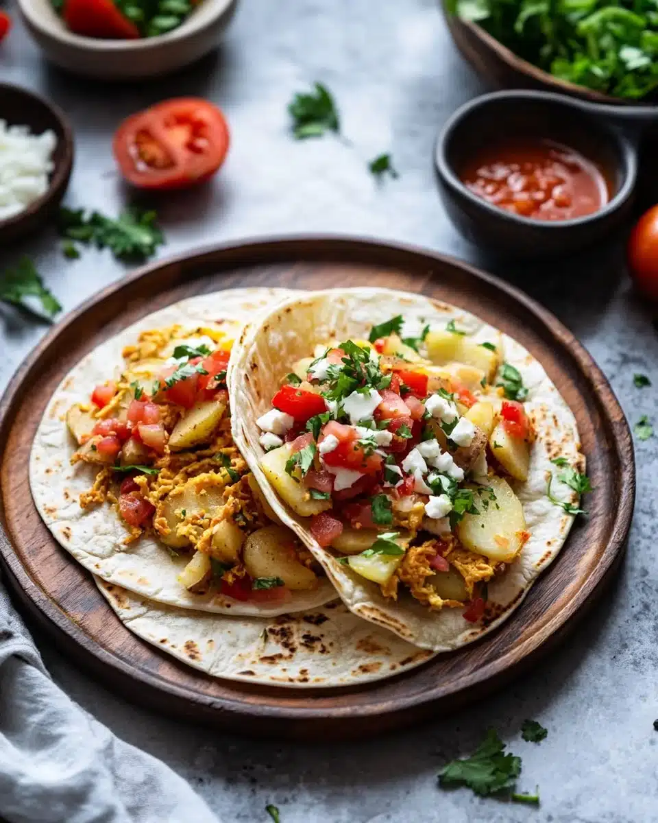 Spicy potato soft tacos served with fresh toppings and salsa