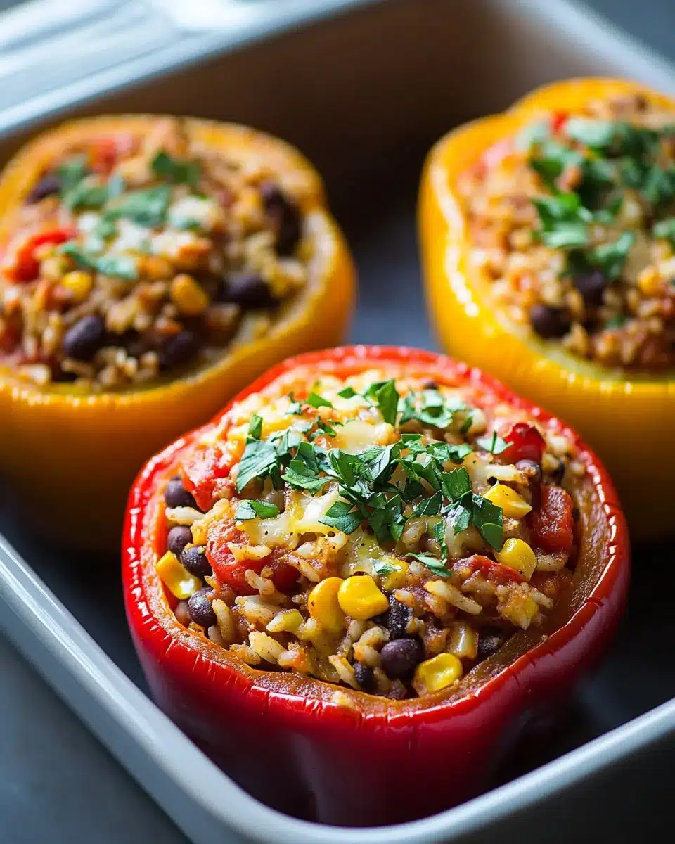 Colorful vegetarian stuffed bell peppers filled with rice and vegetables