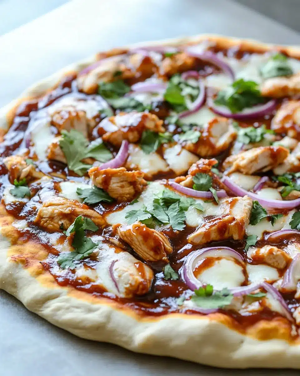 Delicious BBQ Chicken Pizza topped with grilled chicken and barbecue sauce