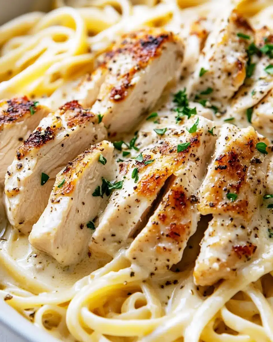 Delicious Chicken Alfredo pasta dish garnished with parsley