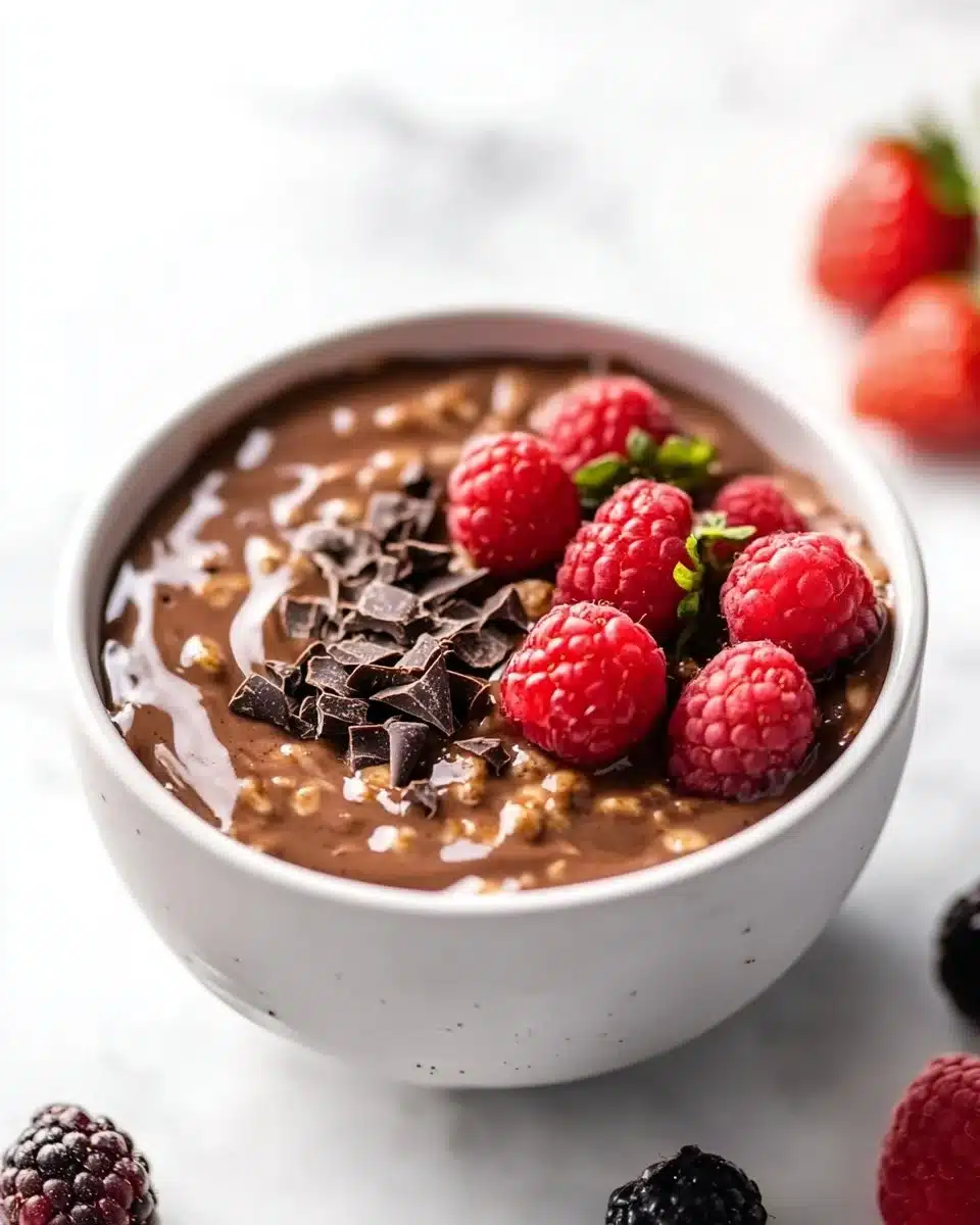 Chocolate brownie batter overnight oats in a jar with toppings