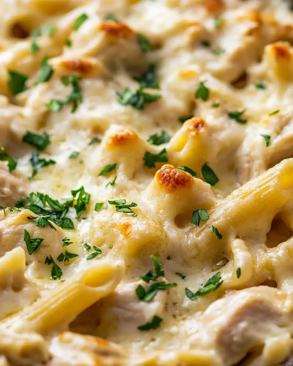 Delicious Chicken Alfredo Pasta Bake with creamy sauce and chicken pieces