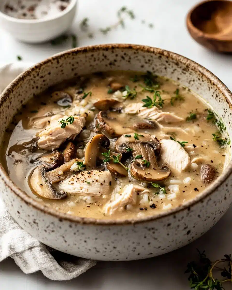 Delicious bowl of Chicken Mushroom Soup garnished with herbs