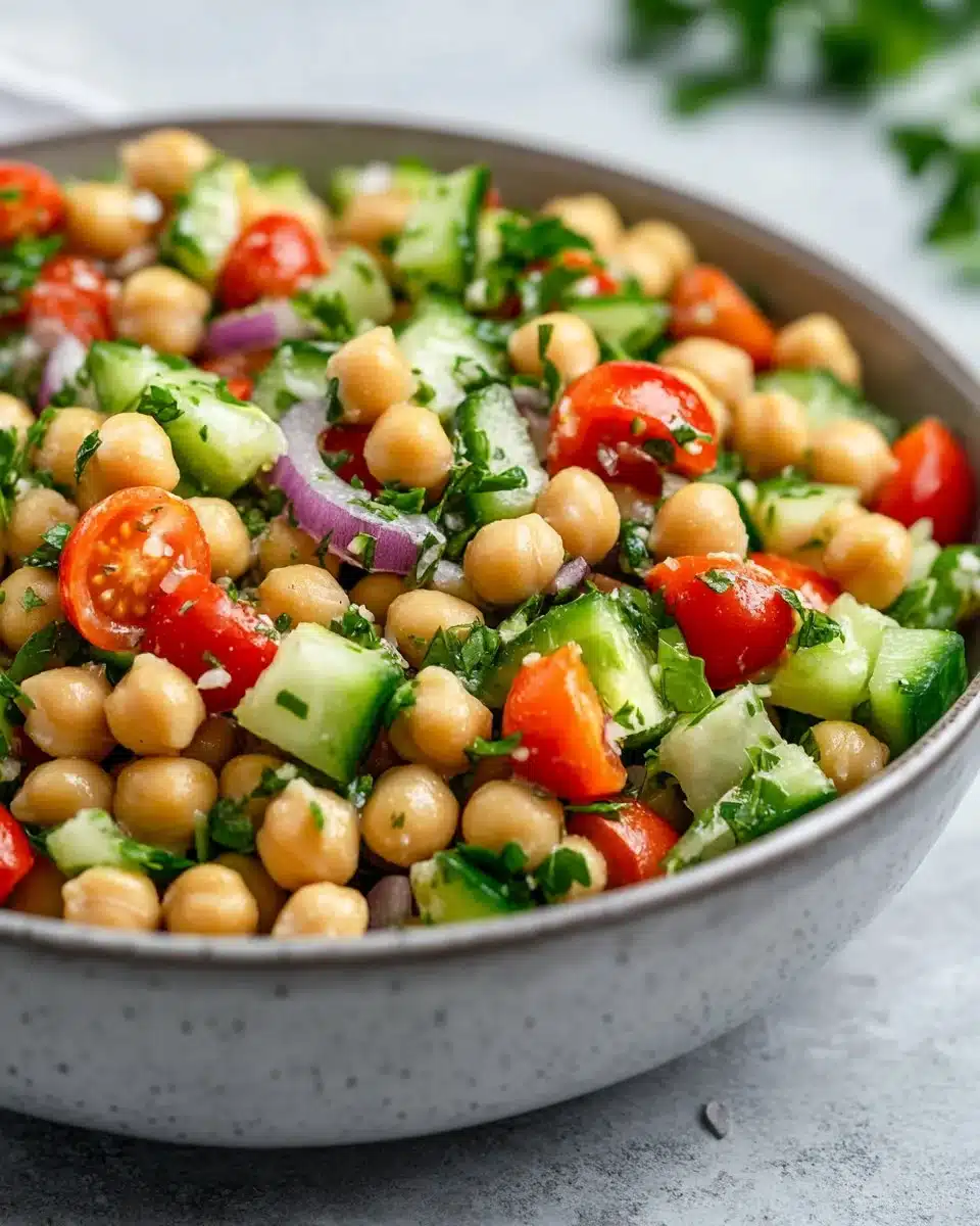 Fresh and colorful chickpea salad with vegetables in a bowl.