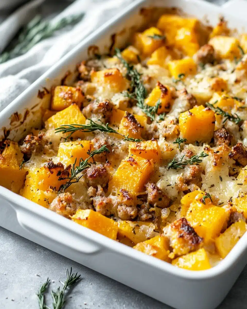 Cozy butternut squash and sausage casserole served in a baking dish