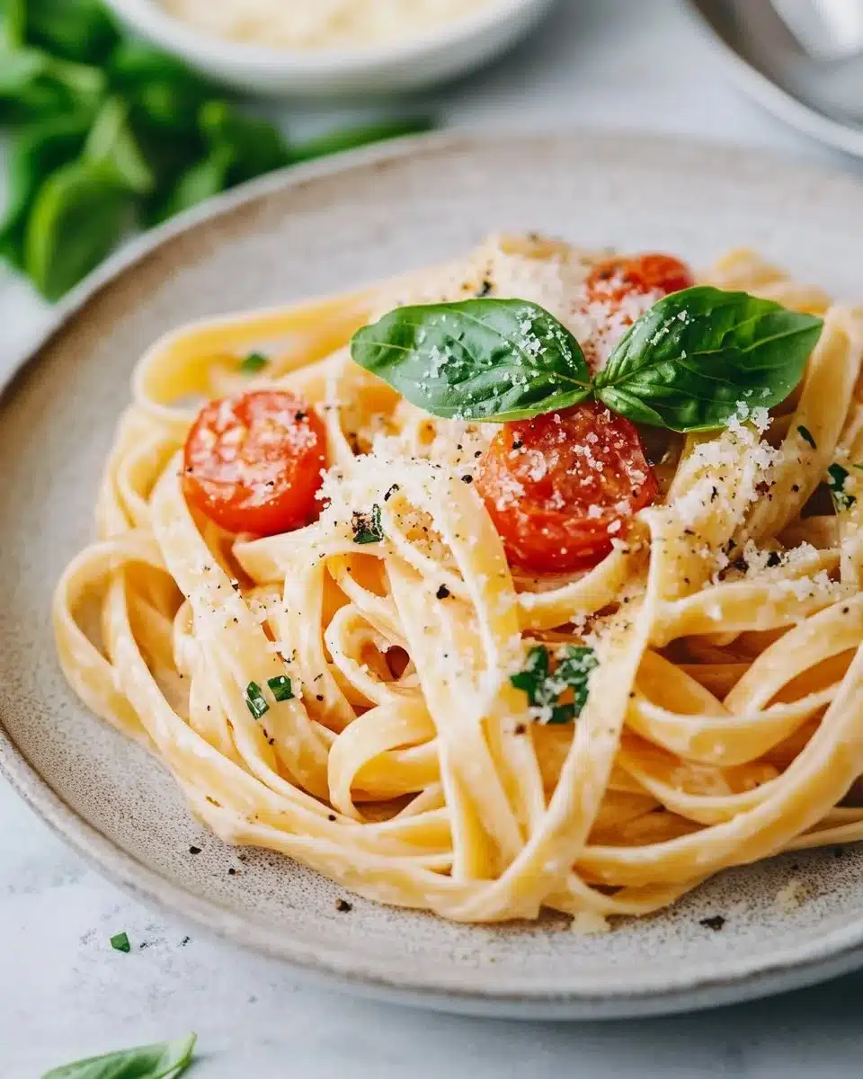 Creamy tomato garlic pasta served in a bowl with fresh herbs