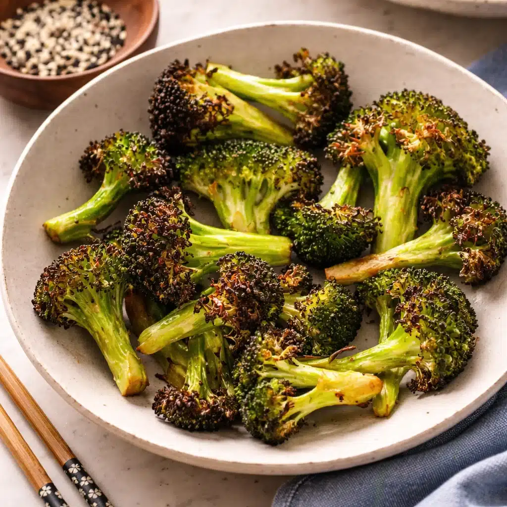 Crispy Air Fryer Broccoli served on a plate, garnished with red pepper flakes.
