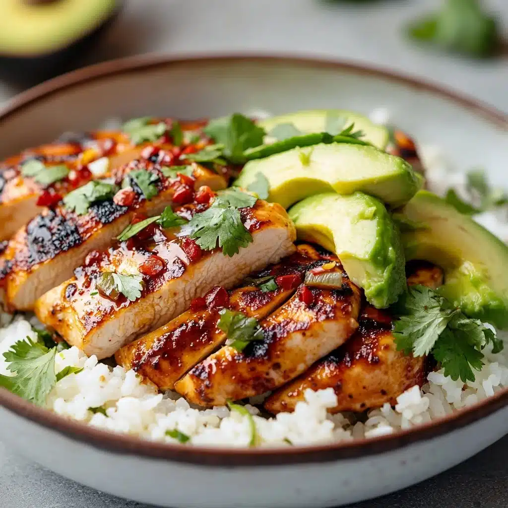 Honey lime chicken served with a fresh avocado rice stack for a delicious meal.