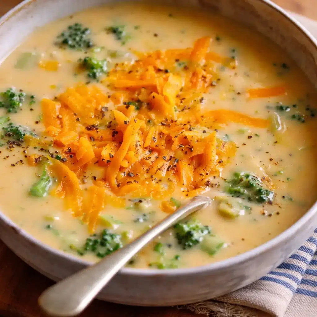 A steaming bowl of rich and creamy broccoli cheddar soup garnished with fresh herbs.