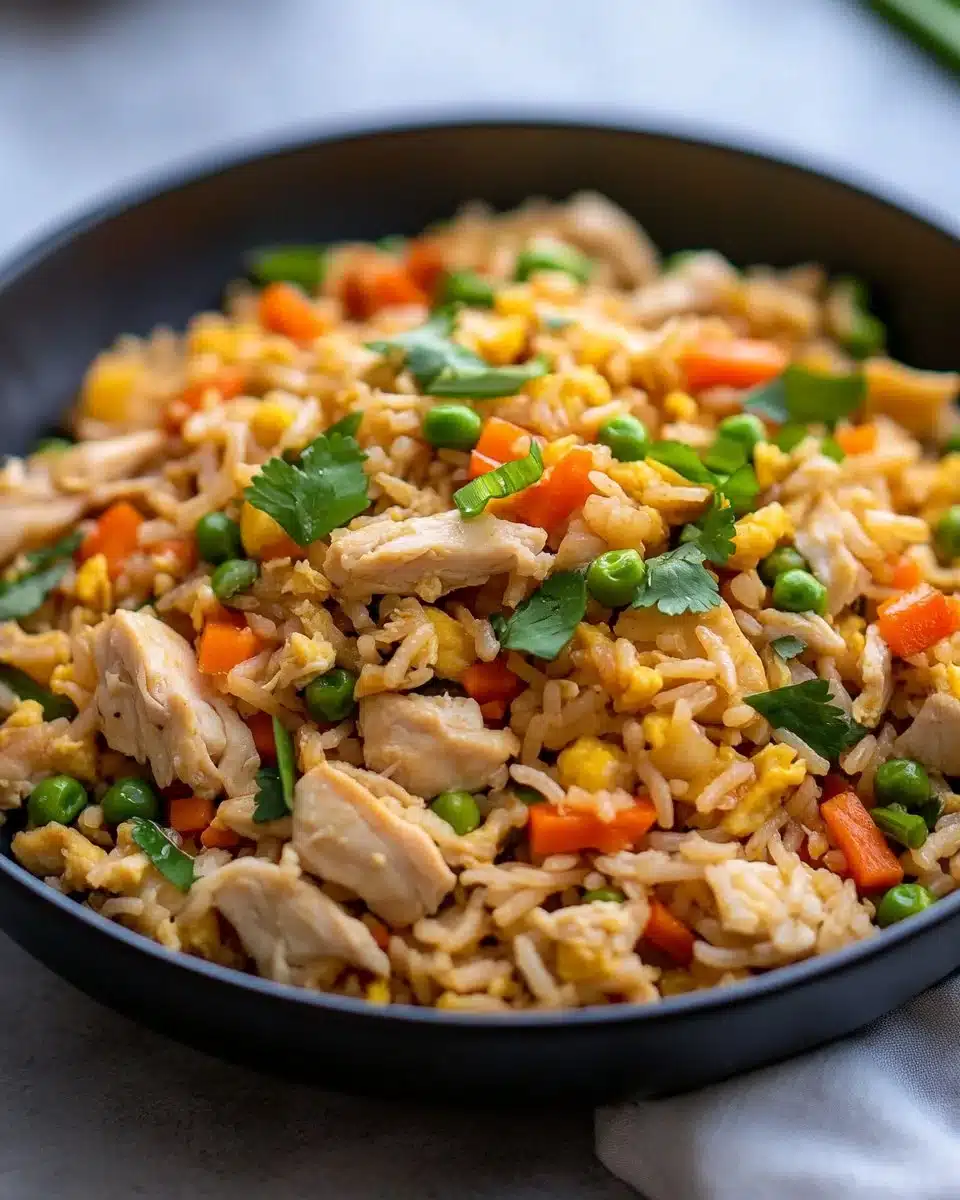 Delicious easy chicken fried rice in a bowl with colorful vegetables