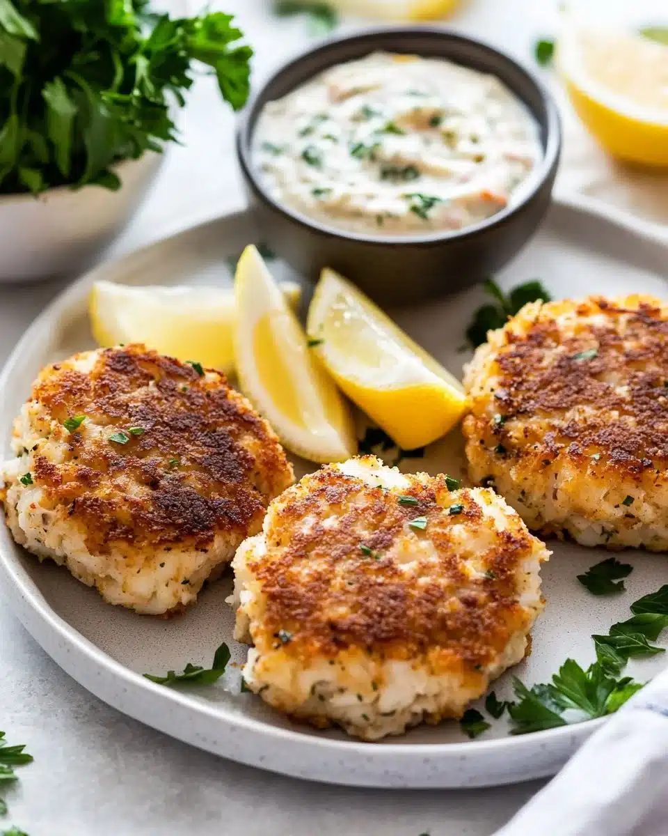 Delicious easy crab cakes plated with herbs and lemon.