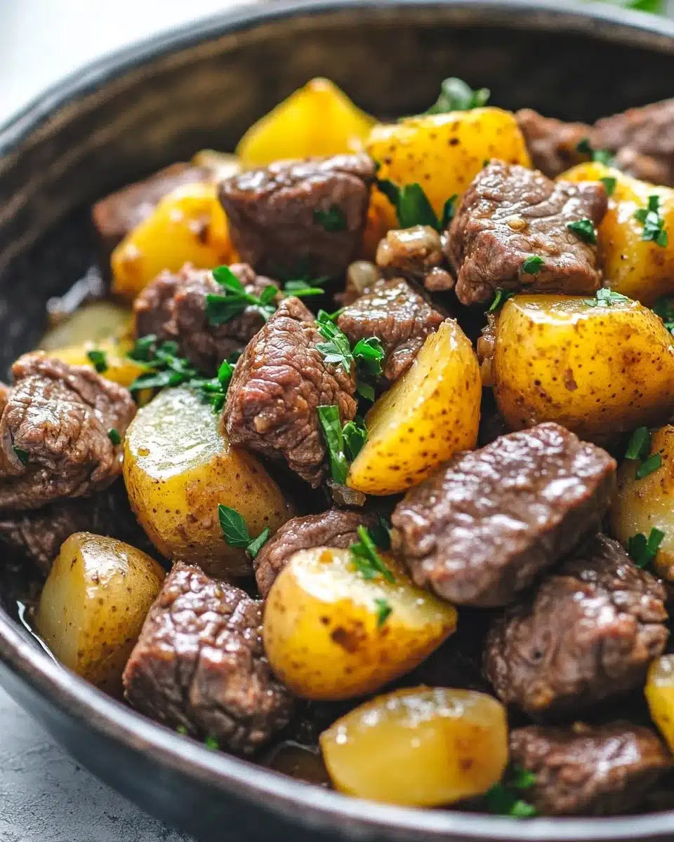 Delicious Garlic Butter Beef Bites with crispy potatoes served on a plate.