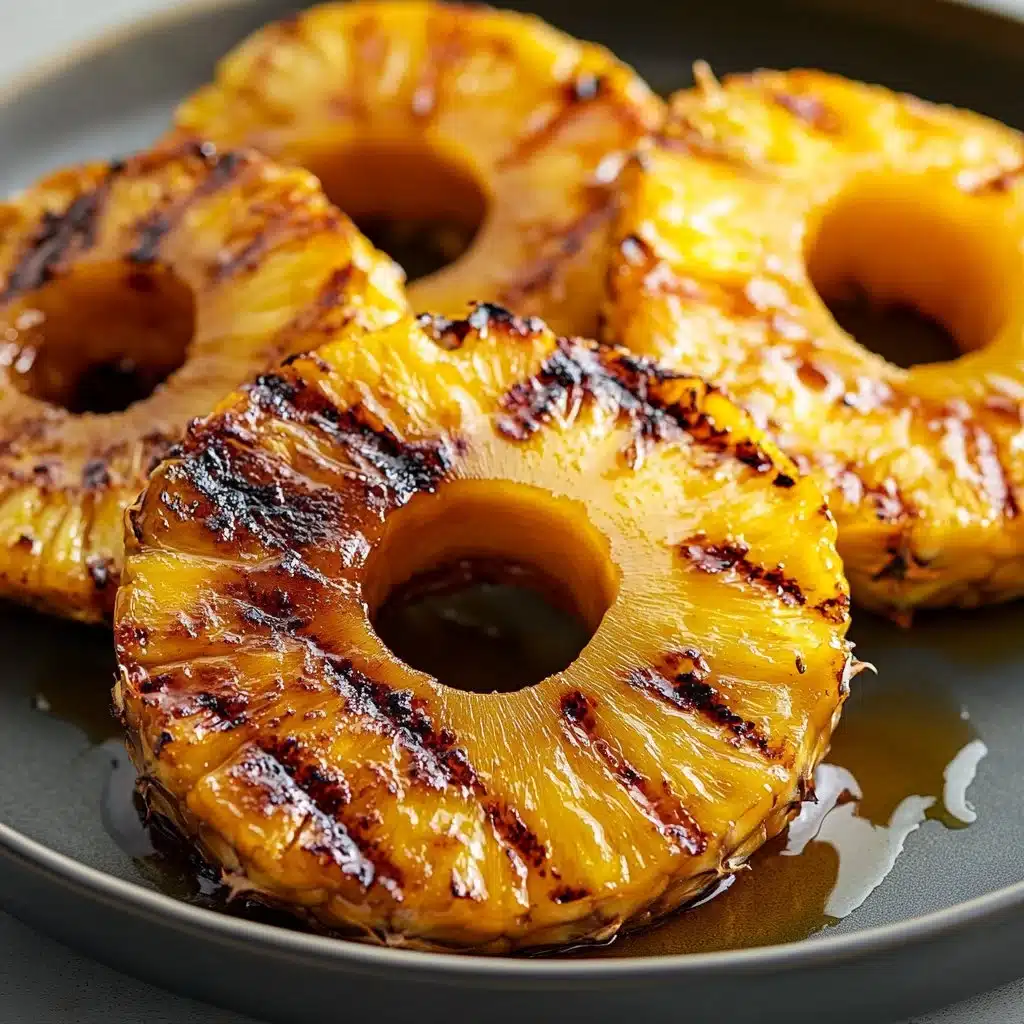 Grilled pineapple slices on a barbecue grill, caramelized and delicious.