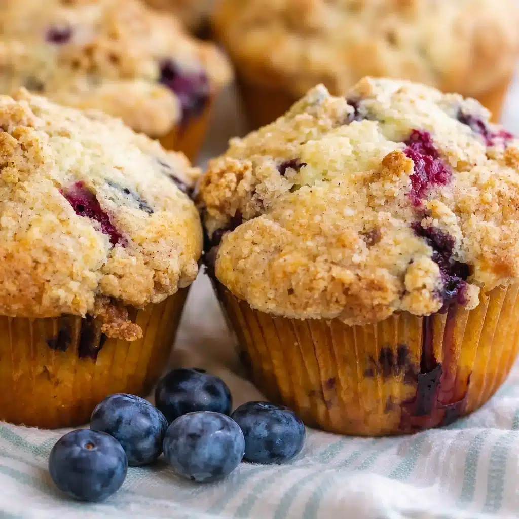 Freshly baked Blueberry Muffins with juicy blueberries and a golden top.