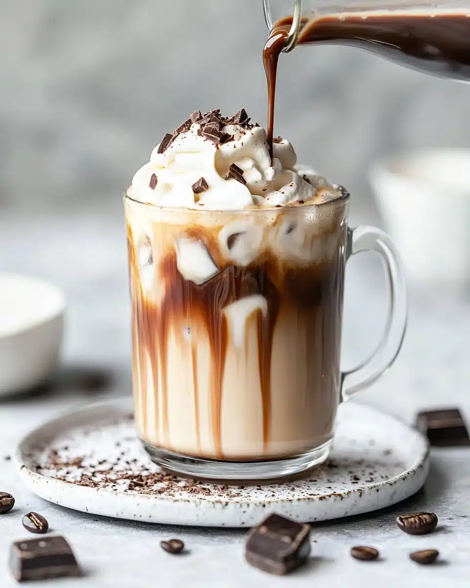 Delicious iced mocha coffee in a glass with chocolate drizzle and whipped cream