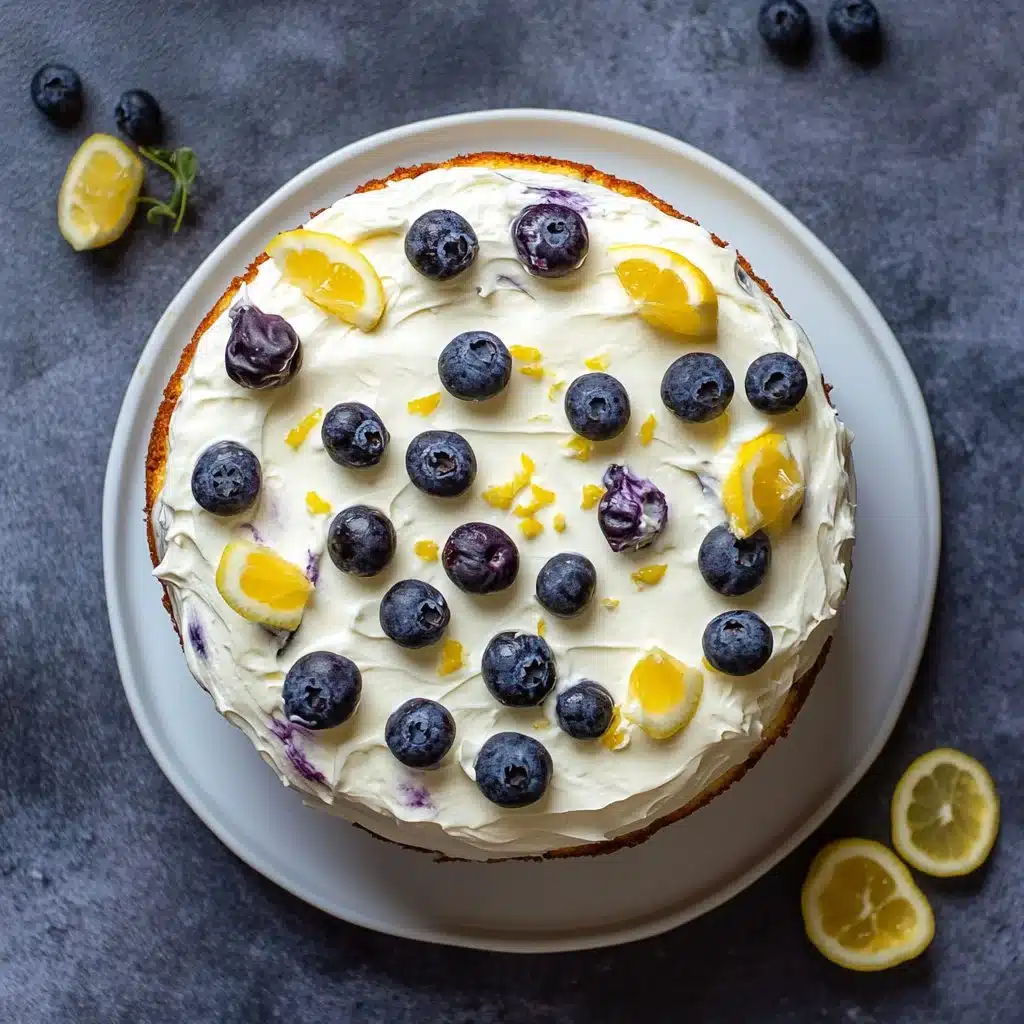 Delicious Lemon Blueberry Cake topped with fresh blueberries and lemon zest
