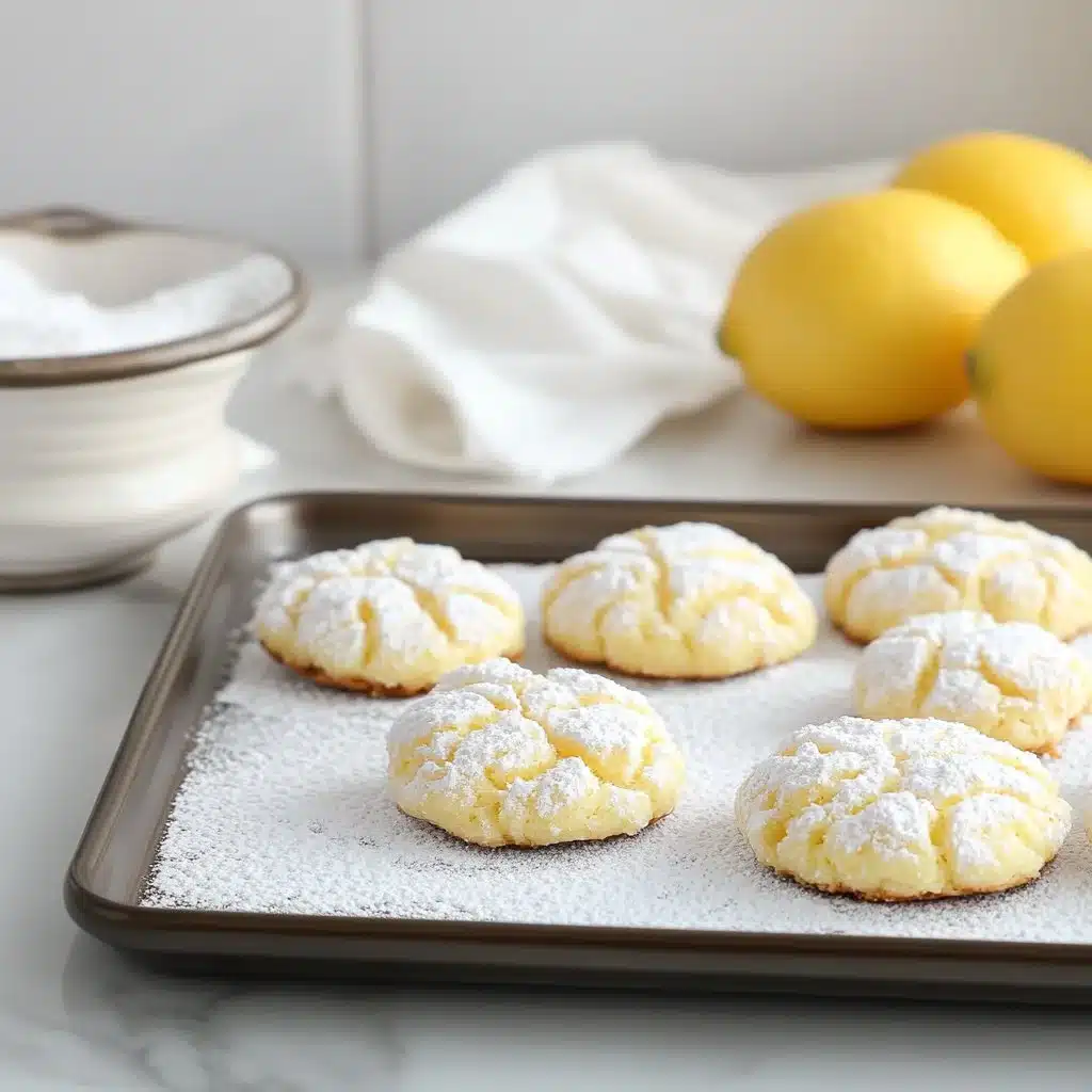 Freshly baked Lemon Crinkle Cookies dusted with powdered sugar.