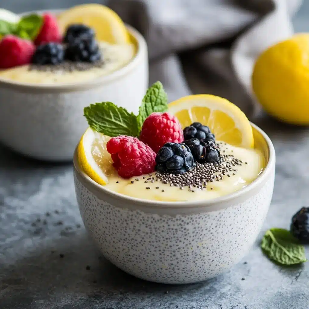 A bowl of lemon curd chia pudding topped with fresh fruit and mint leaves.