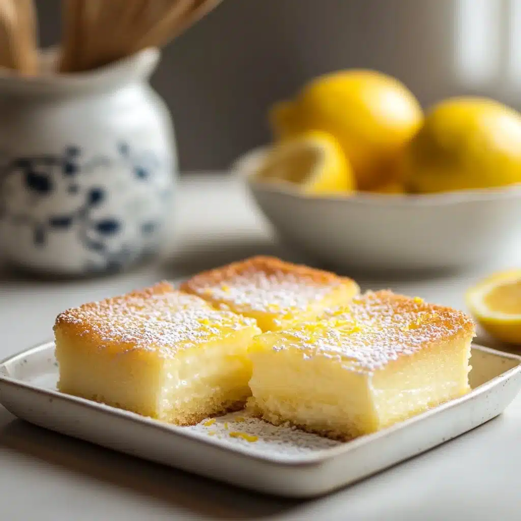Slice of moist Lemon Custard Cake with a lemon slice garnish on a plate.