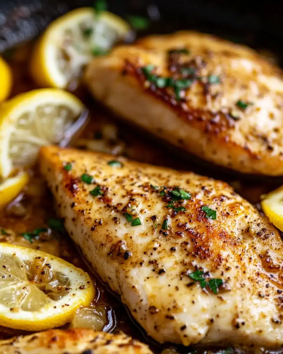 Plate of delicious Lemon Garlic Chicken garnished with herbs