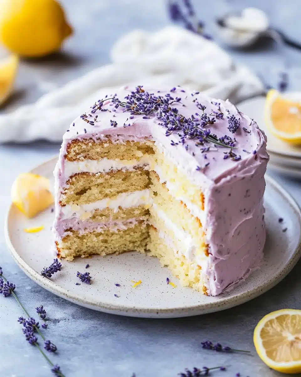 Delicious lemon lavender cake topped with fresh herbs and lemon zest