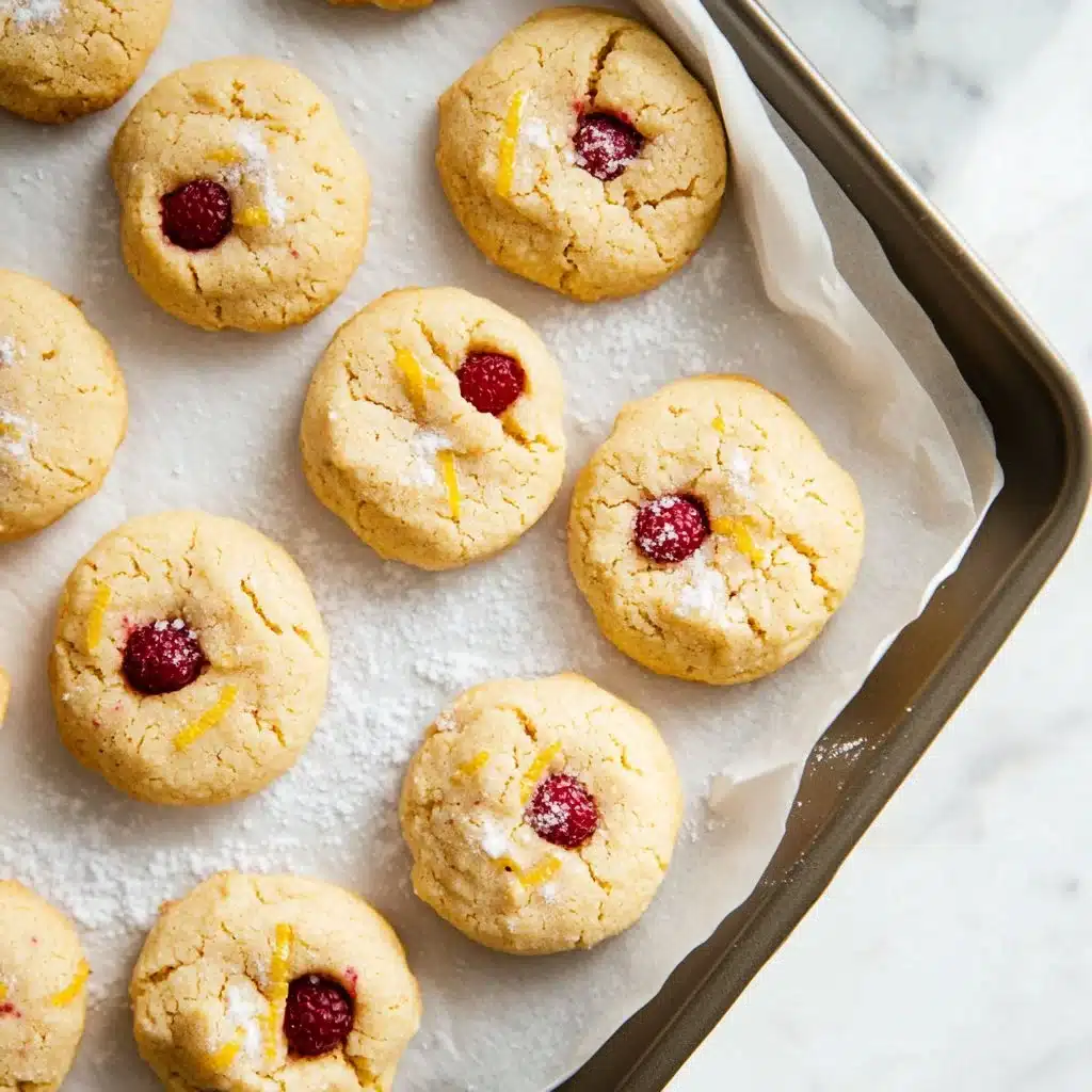 Freshly baked Lemon Raspberry Cookies on a plate, garnished with lemon zest and raspberries.