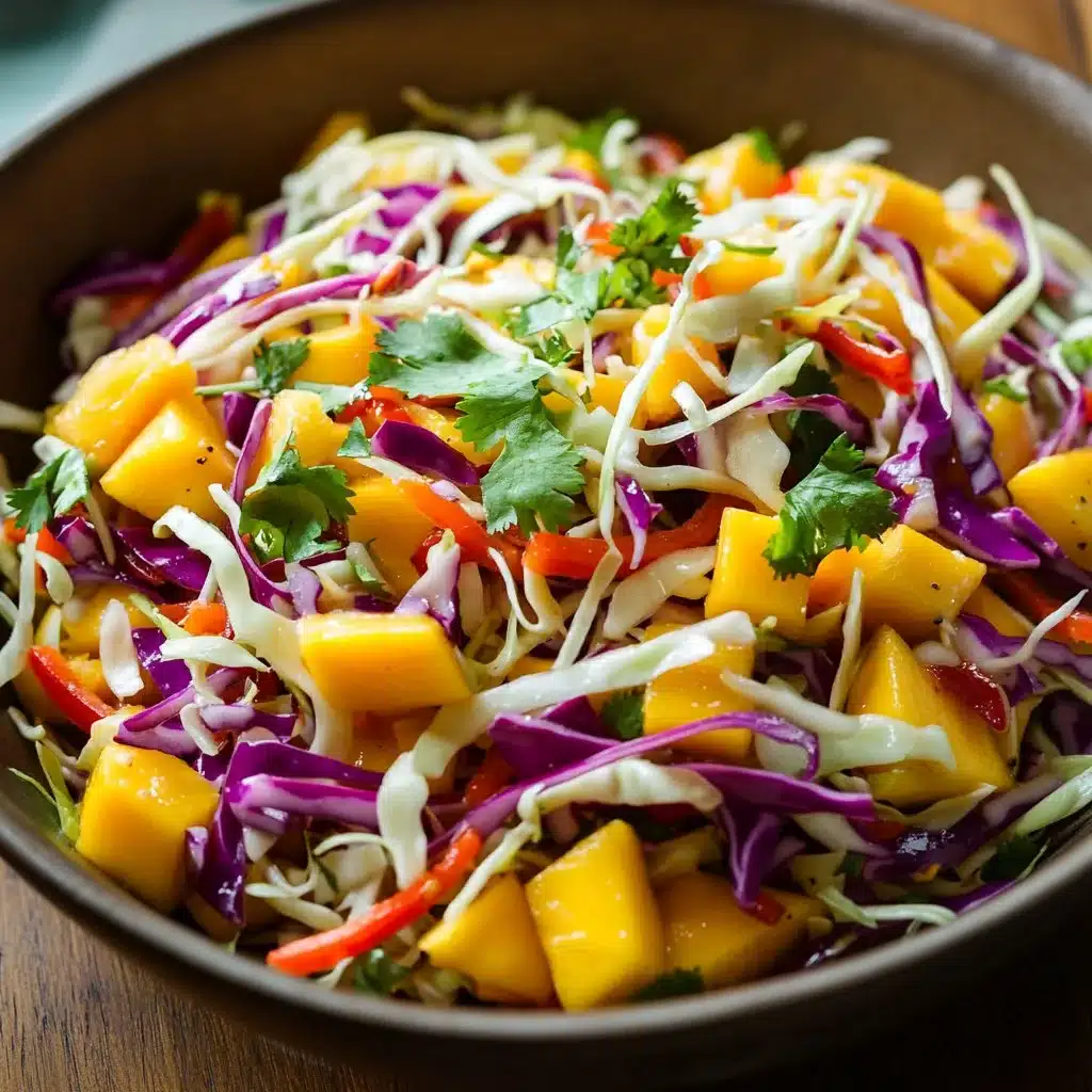 Colorful mango slaw served in a bowl, topped with fresh vegetables