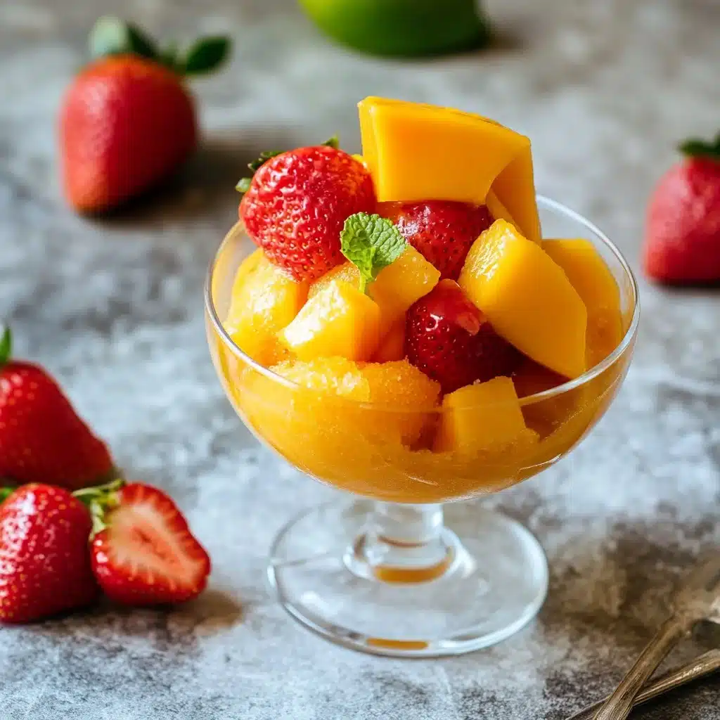 Delicious Mango Strawberry Sorbet served in a bowl with fresh mango and strawberries.