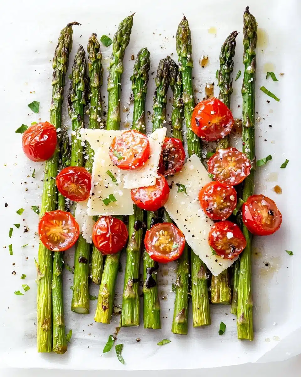 Roasted asparagus topped with Parmesan cheese on a baking tray.