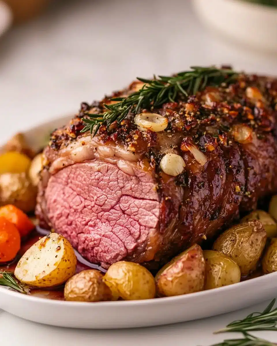 Perfectly roasted leg of lamb garnished with garlic and herbs