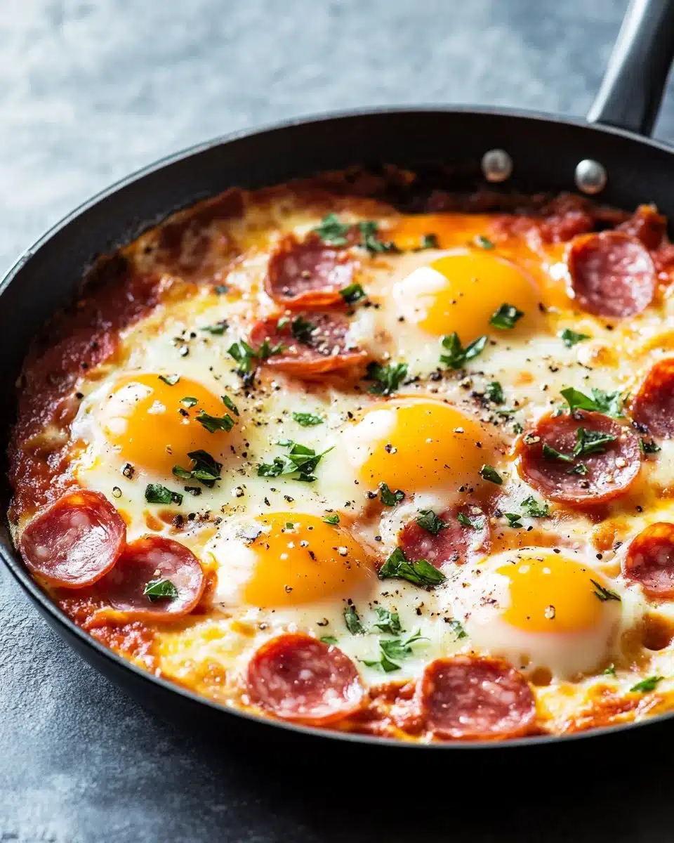 Plate of Pizza Eggs topped with cheese and herbs