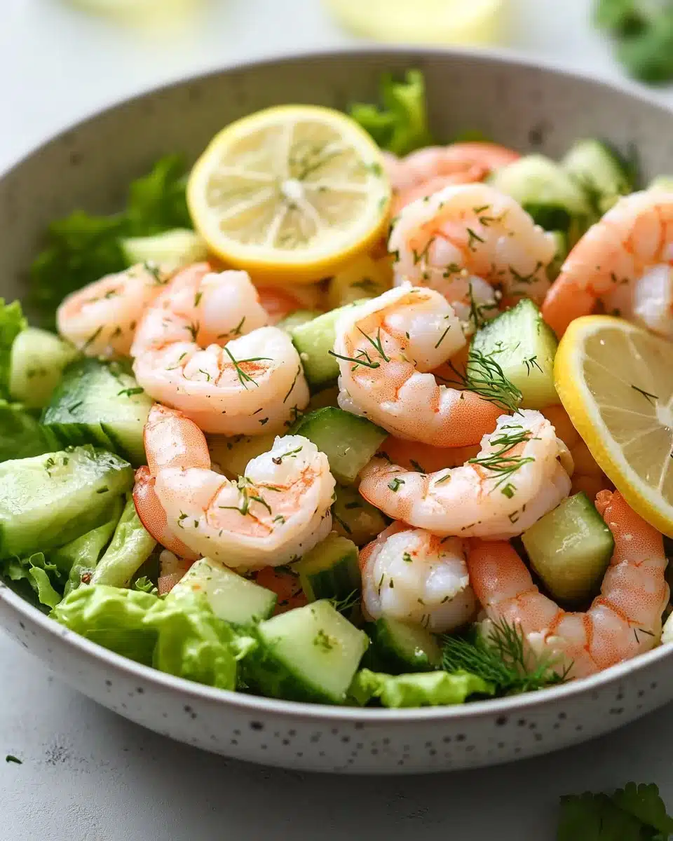 Fresh and colorful shrimp salad with mixed greens and dressing