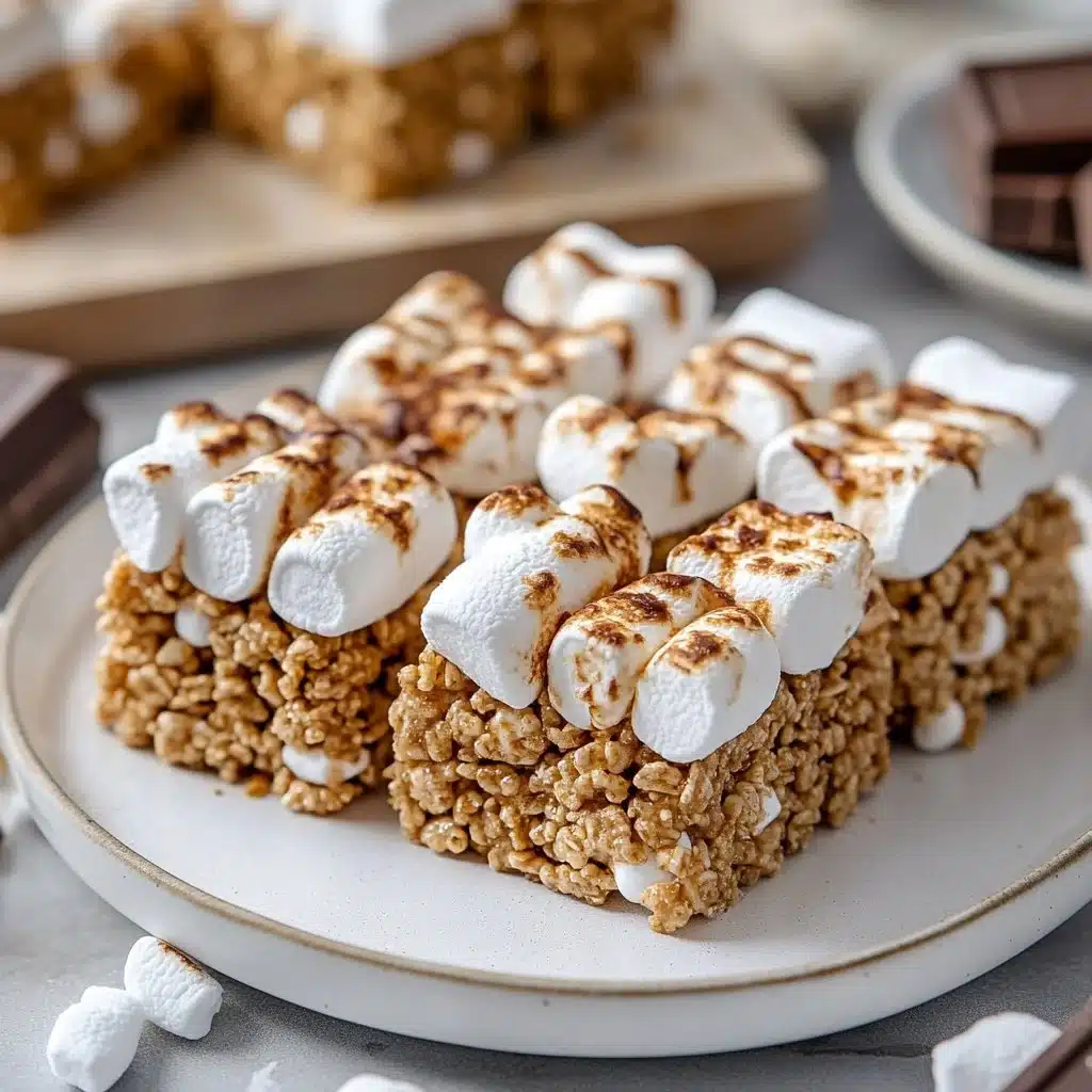 Delicious S'mores Rice Krispies Treats topped with chocolate and marshmallows