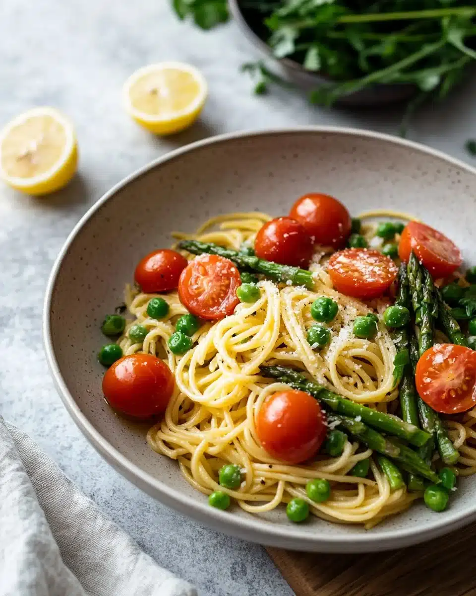 Delicious spring vegetable pasta with fresh vegetables and herbs.