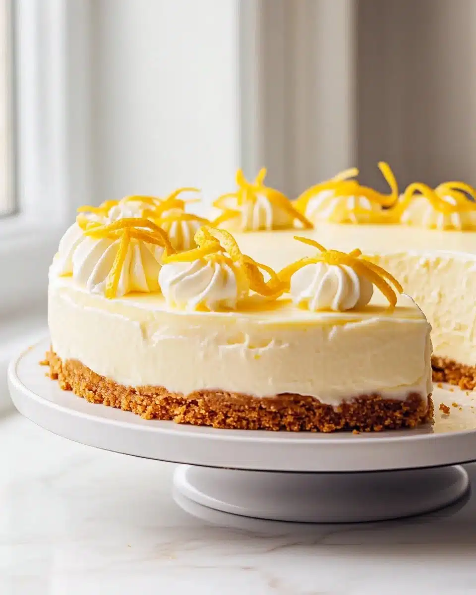 Tangy lemon cheesecake cake topped with fresh lemon slices and whipped cream.