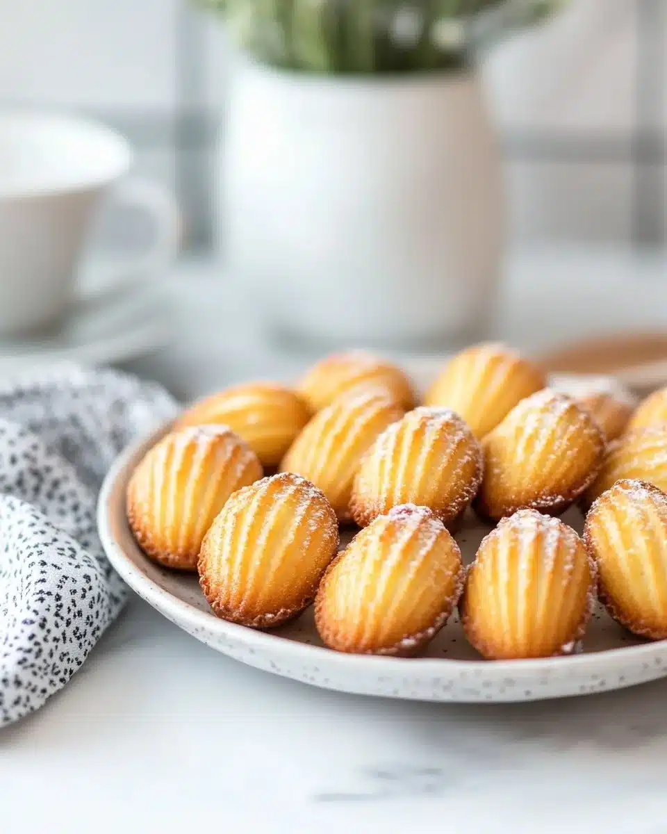 Freshly baked Vanilla Madeleines on a white plate