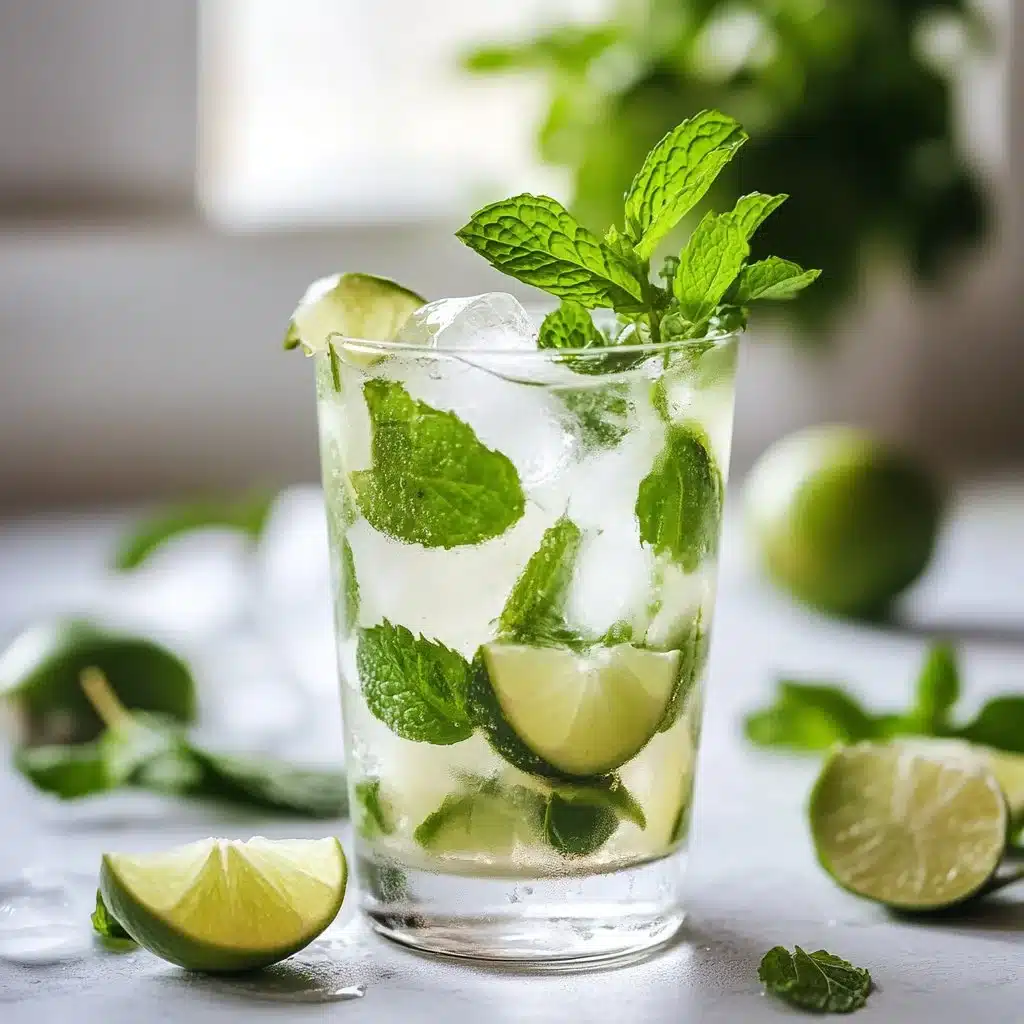 Chilled Virgin Mojito with mint leaves and lime on a wooden table