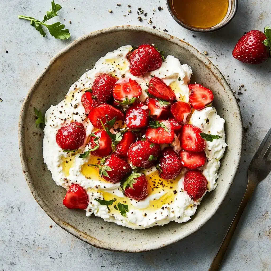 Whipped feta dip topped with roasted strawberries served in a bowl.