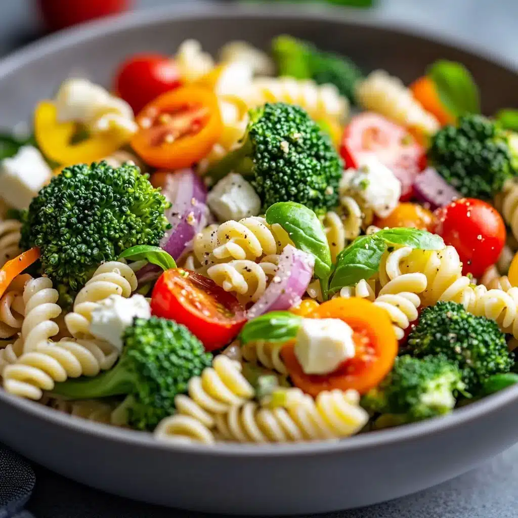 Delicious broccoli pasta salad with fresh vegetables and a zesty dressing
