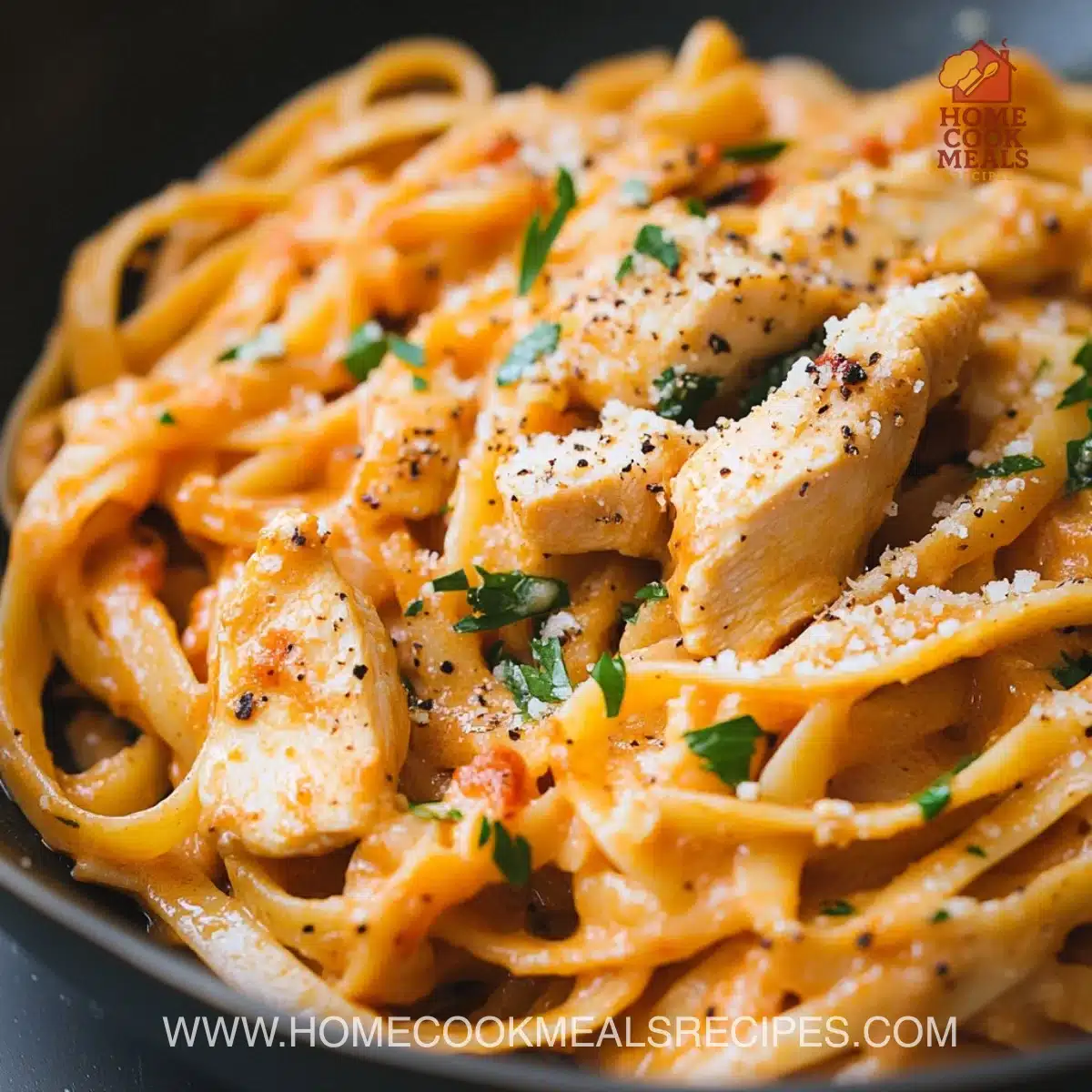 Delicious Cowboy Butter Chicken Linguine served in a bowl garnished with herbs