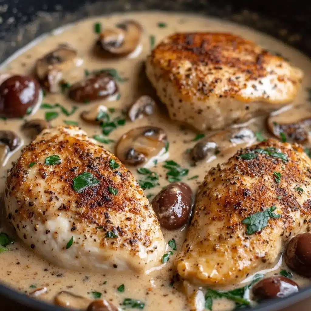 Creamy mushroom chicken served on a plate with herbs and sides