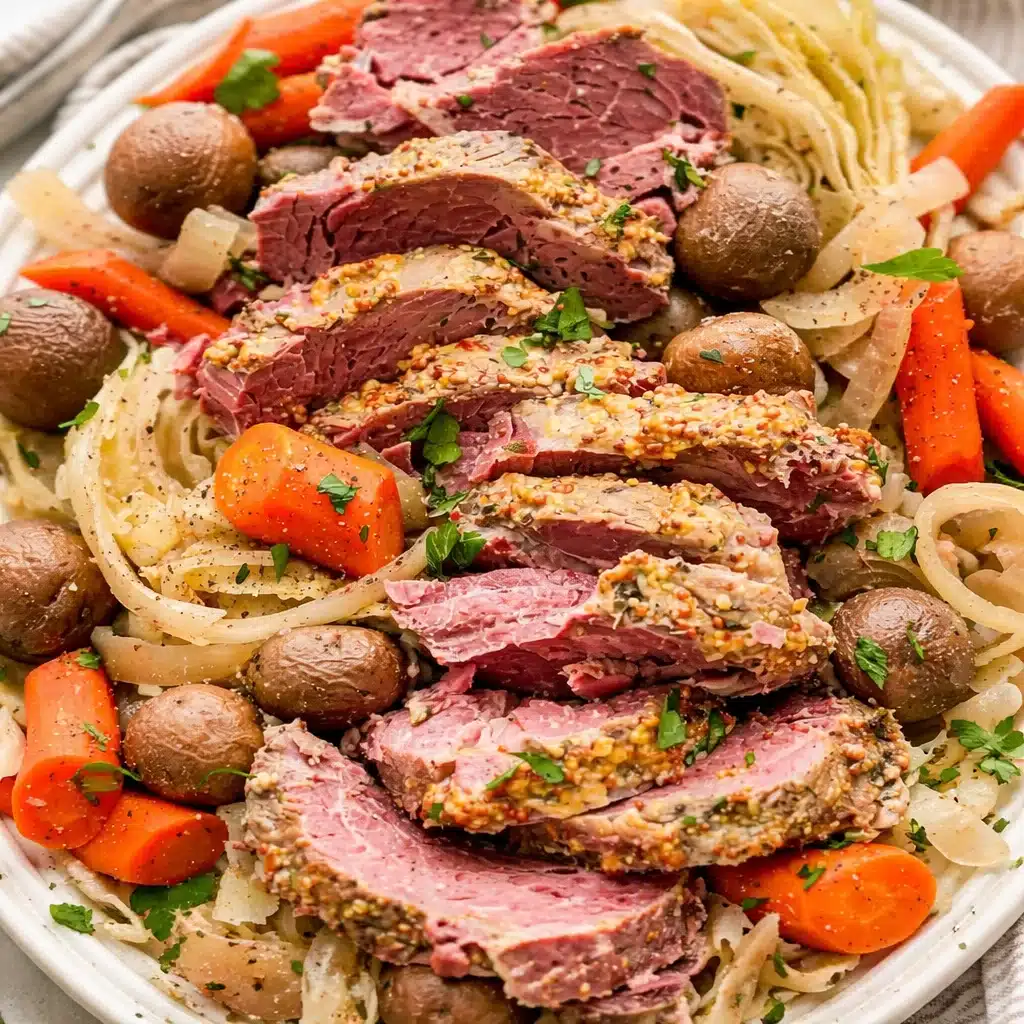 Tender slow cooker corned beef with vegetables and seasoning