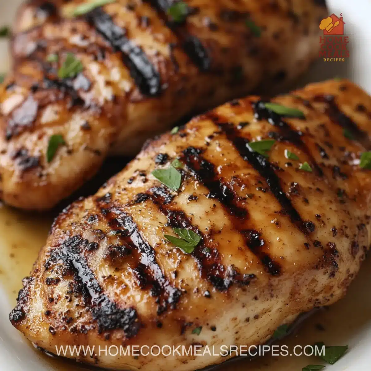 Delicious easy grilled chicken served on a plate with herbs