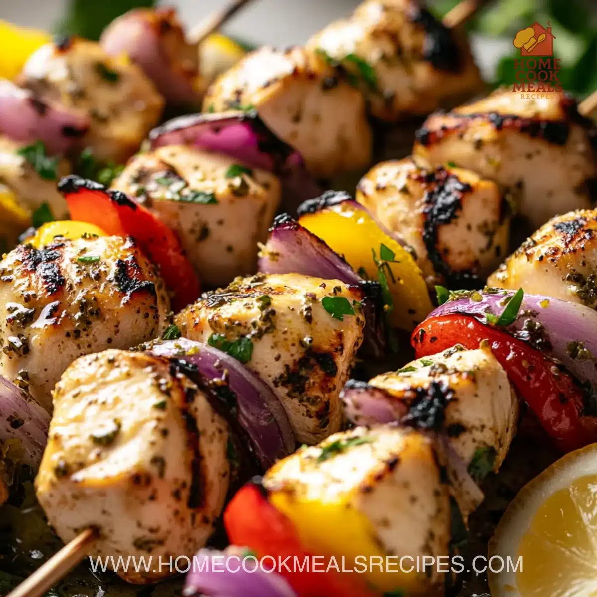Greek marinated chicken kabobs on skewers ready to grill