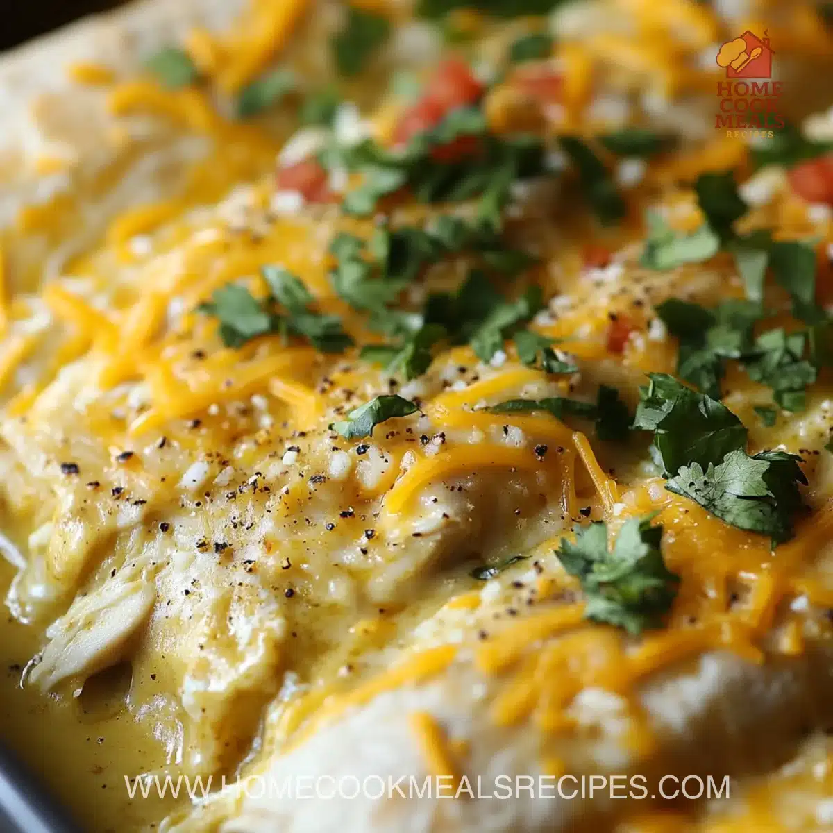 Delicious green chicken enchiladas topped with sauce and cheese