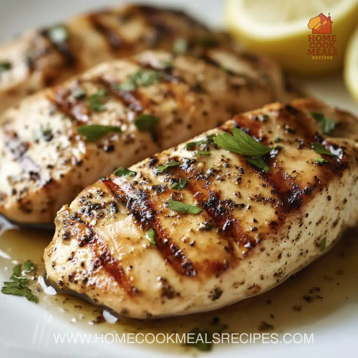 Delicious grilled chicken breast on a plate with fresh herbs and vegetables.